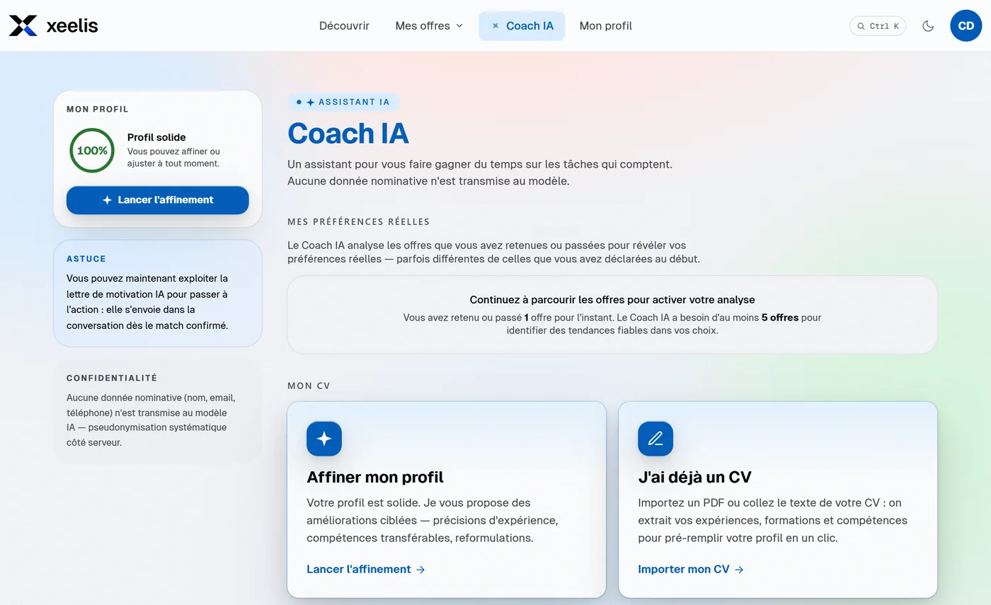 Écran Coach IA côté candidat : avancement du profil, affinage du profil, import du CV et confidentialité des données.